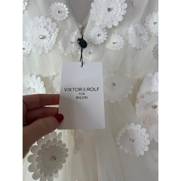 NWT Viktor & Rolf for BHLDN Petunia Floral Deep-V A-Line Mini Dress Ivory Size 6 - Picture 5 of 10